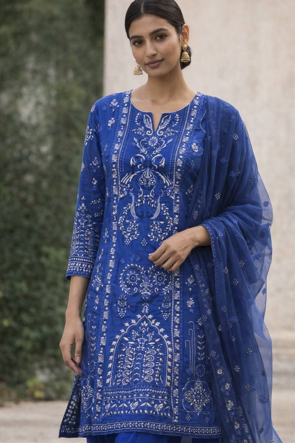Royal Blue Motif Print & Embroidered 3-Piece Suit