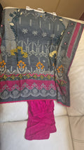 Charcoal Grey & Magenta Pink Embroidered Lawn 3-Piece Suit