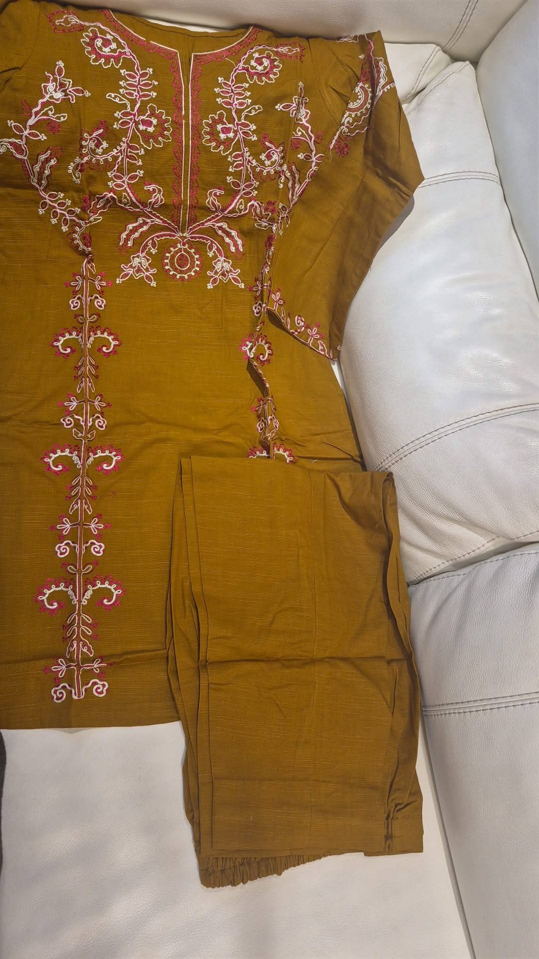 Elegant Mustard Gold Embroidered 2-Piece Kurti & Trouser Set