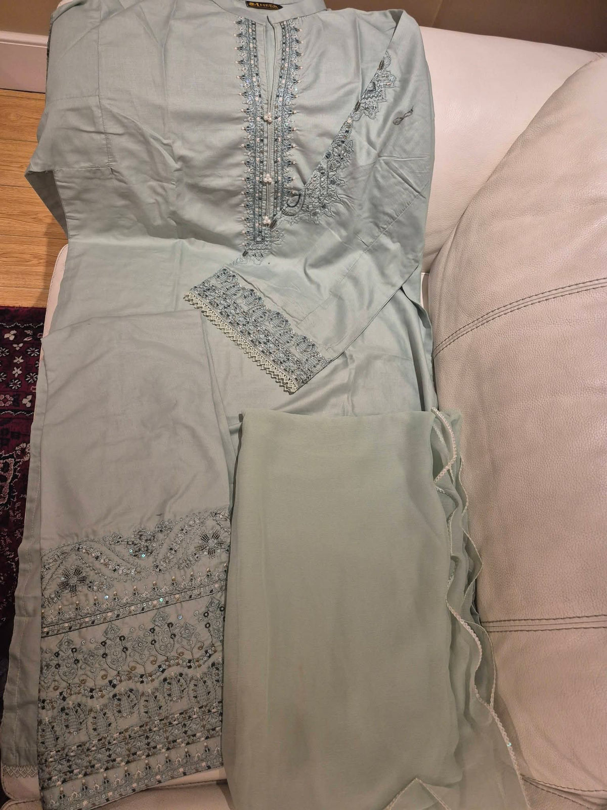 Mint Green Pastel Embroidered Suit with Pearl Accents