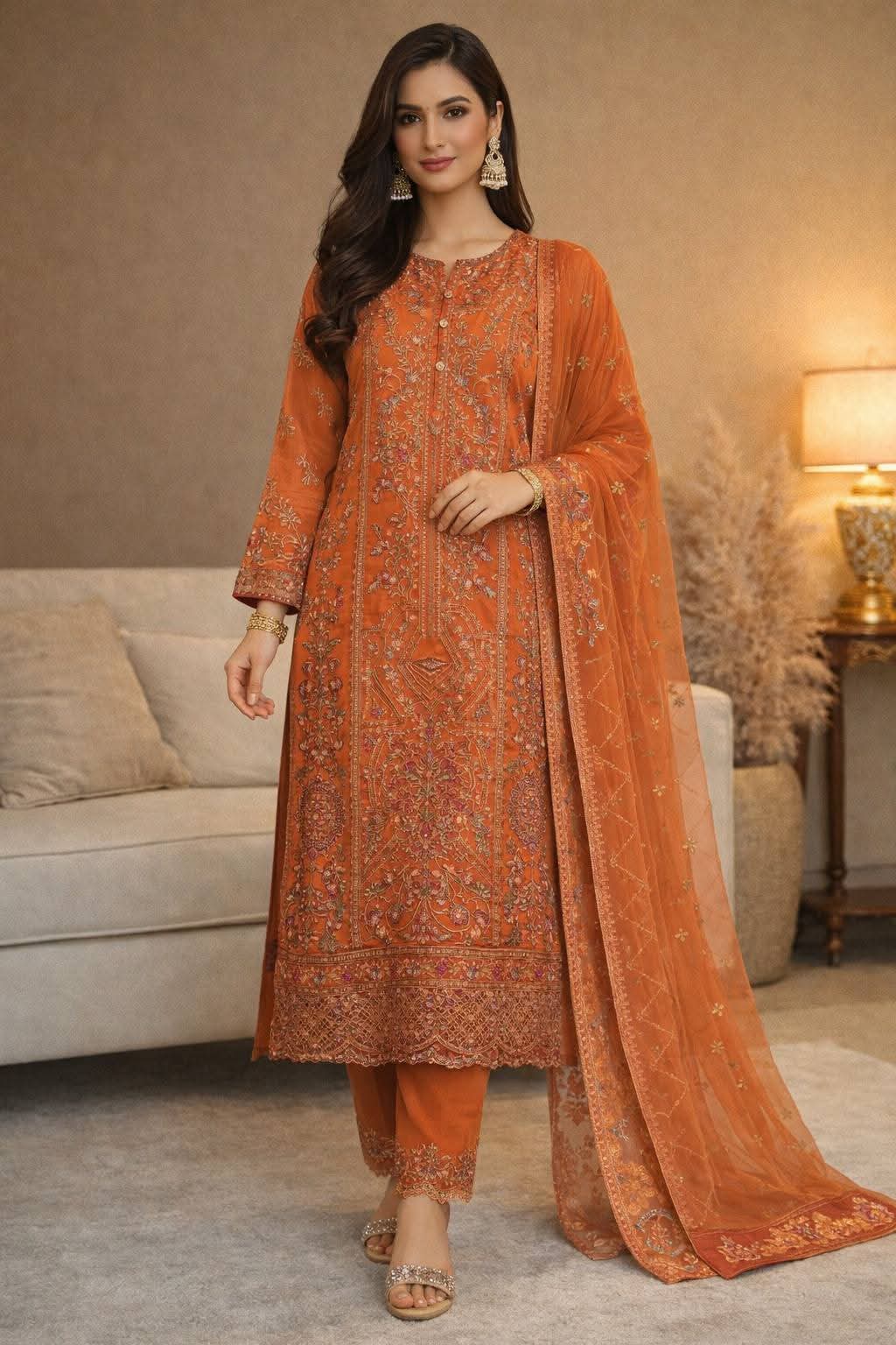 Rust Burnt Orange Heavy Embroidered 3-Piece Suit