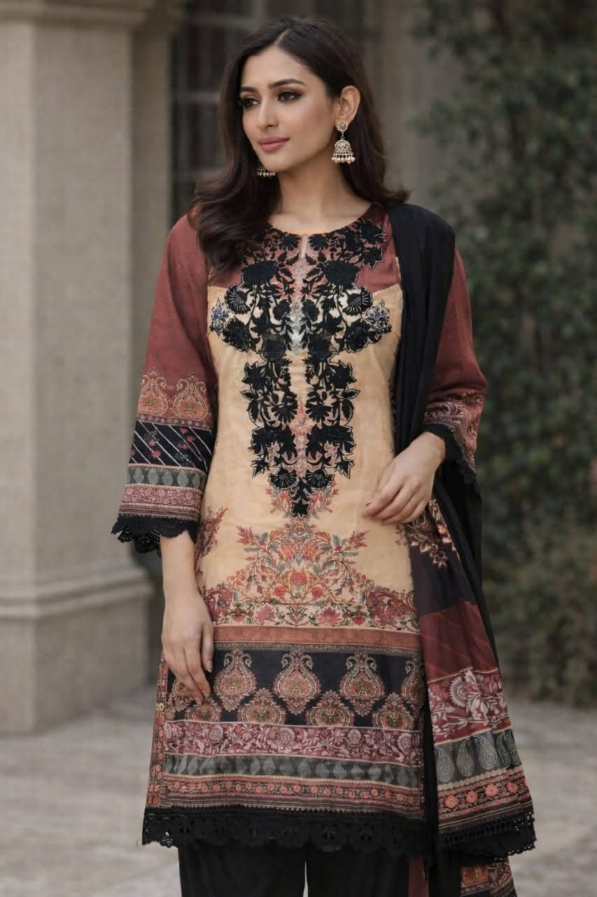 Beige & Rust Digital Printed Suit with Black Neckline Embroidery