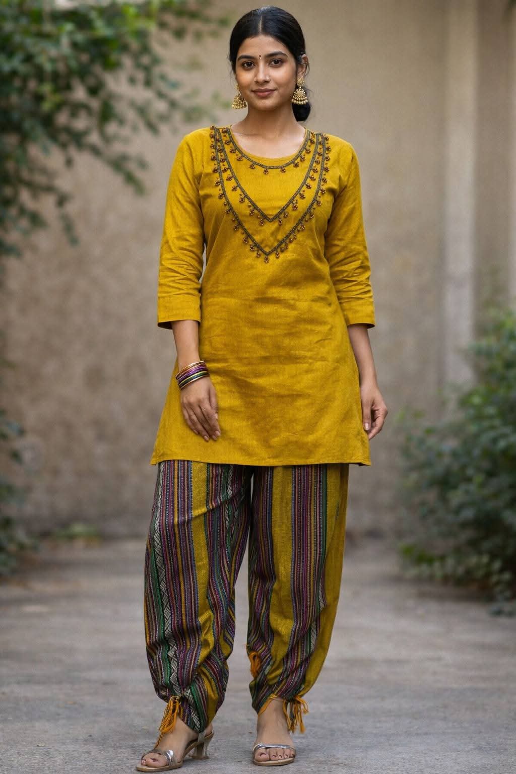 Mustard Yellow Embroidered Tunic with Multi-Color Striped Dhoti Pants