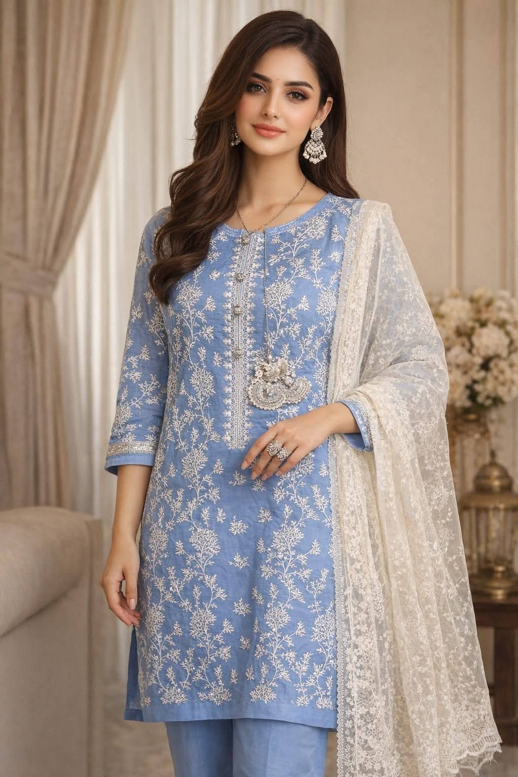 Blue Silver Embroidered 3-Piece Suit