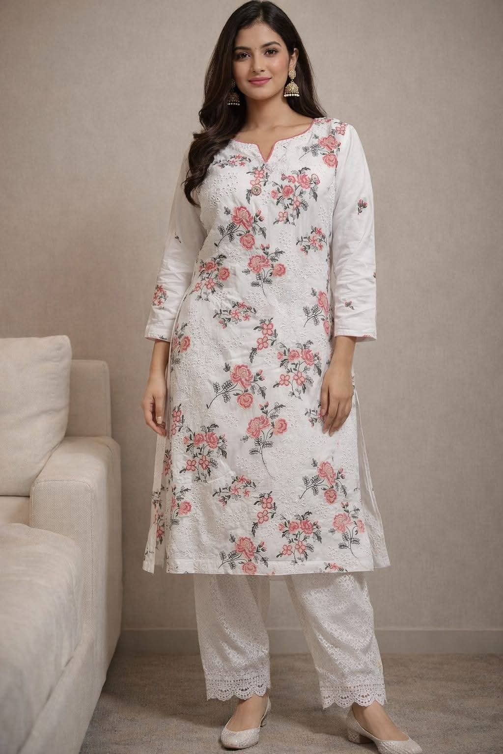 White Floral Chikankari Embroidered Kurta Set