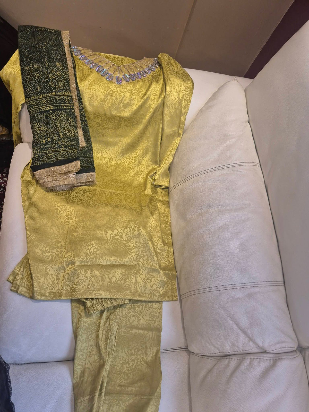 Regal Olive Gold Jacquard Kurta Set with Dark Green Printed Dupatta