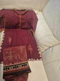 Deep Plum Maroon Embroidered 3-Piece Suit with Printed Dupatta