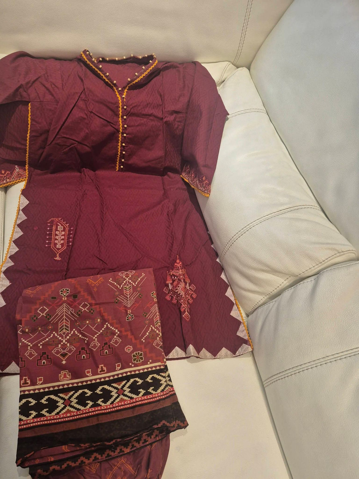 Deep Plum Maroon Embroidered 3-Piece Suit with Printed Dupatta
