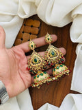Gold-Toned Ruby & Emerald Filigree Jhumka Earrings with Bead Drops