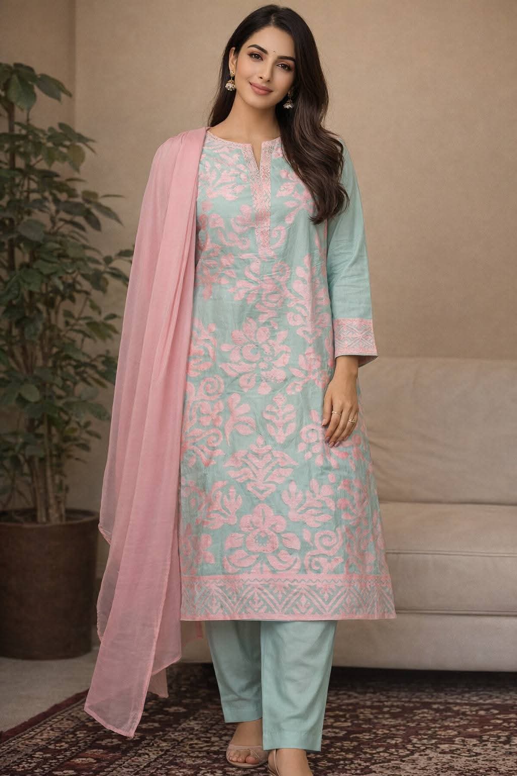 Mint Green & Soft Pink Floral Embroidered 3-Piece Lawn Suit