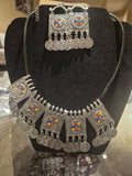 Antique Silver Afghan Coin Choker Necklace & Matching Earrings Set