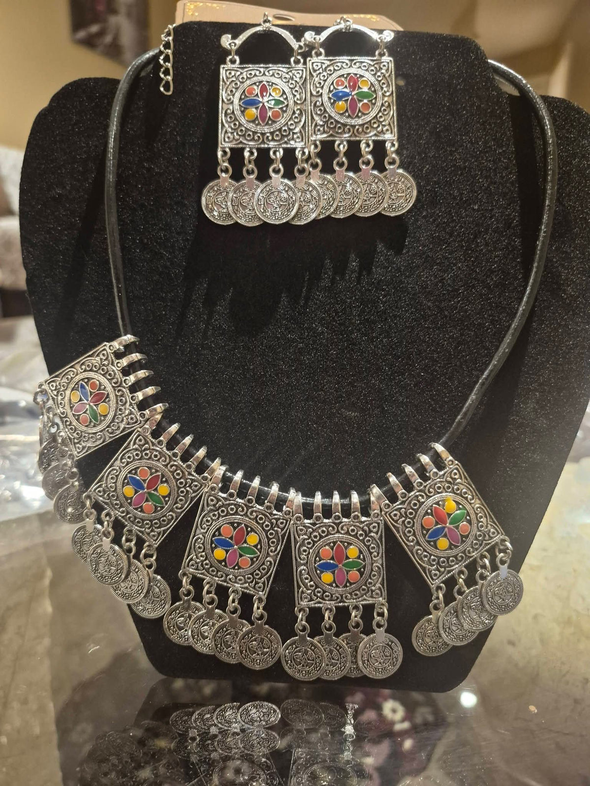 Antique Silver Afghan Coin Choker Necklace & Matching Earrings Set