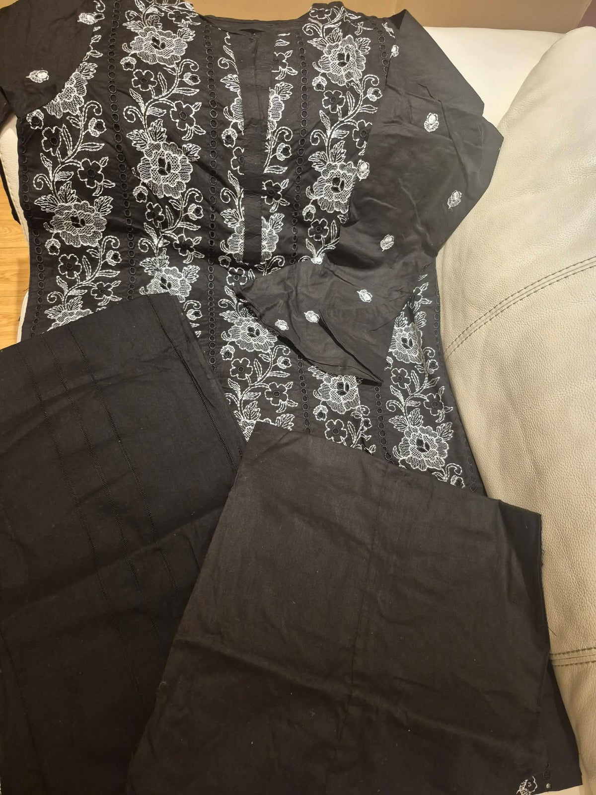 Black White Floral Embroidered Kurti with Bell Sleeves