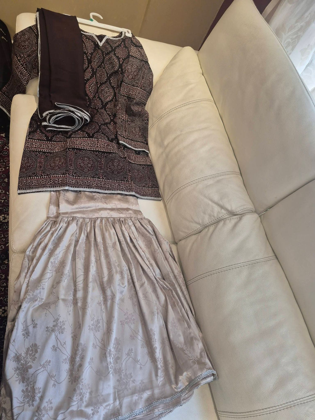 Ethnic Chocolate Brown Printed Kurti with Beige Printed Lehenga & Dupatta Set