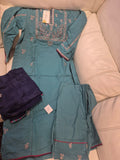 Teal Blue Embroidered Cotton Slub 3-Piece Suit