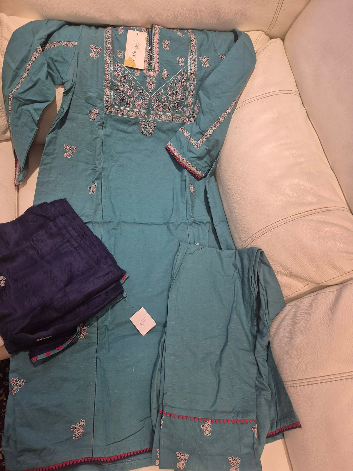 Teal Blue Embroidered Cotton Slub 3-Piece Suit