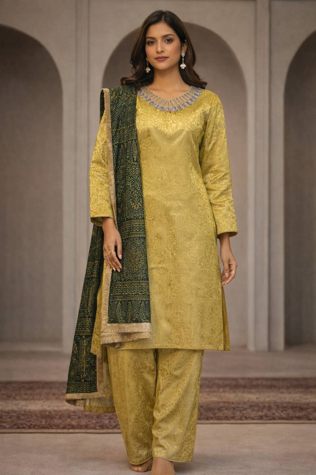Regal Olive Gold Jacquard Kurta Set with Dark Green Printed Dupatta