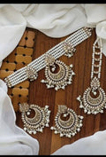 Pearl Strand Choker with Crescent Chandbali Earrings, Maangtikka, and Jhumar Set