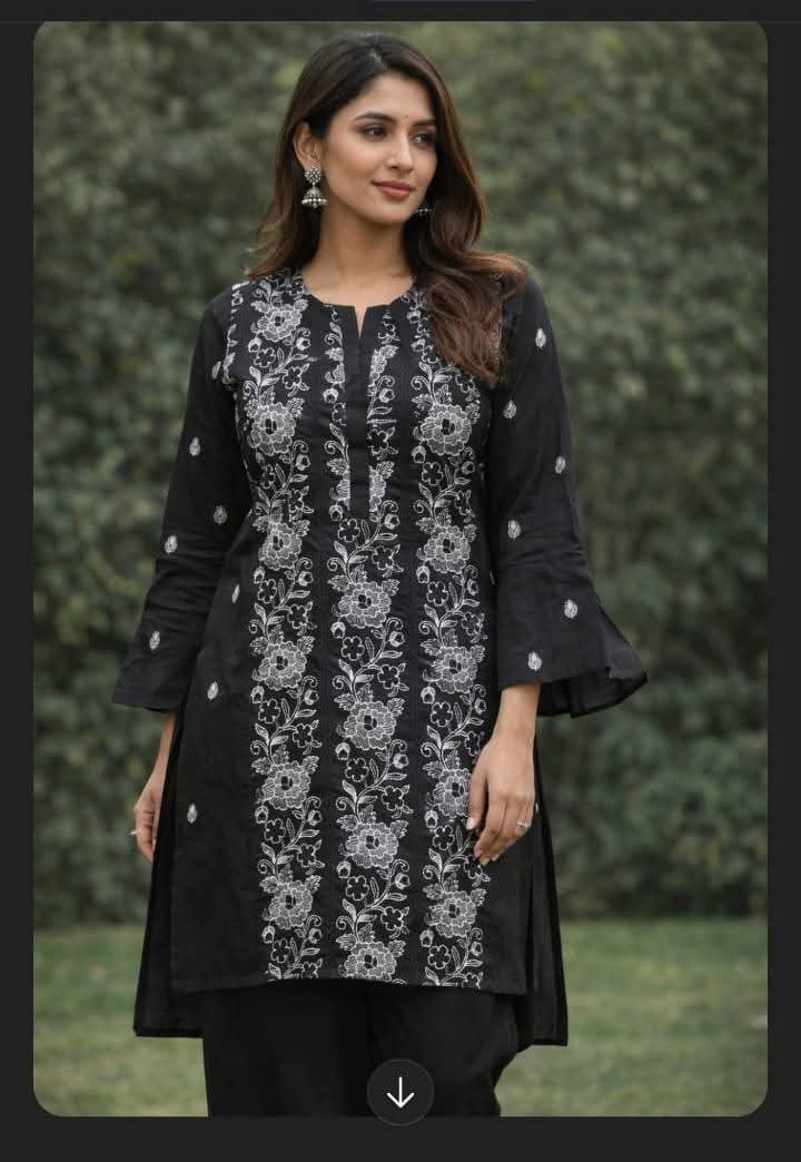 Black White Floral Embroidered Kurti with Bell Sleeves
