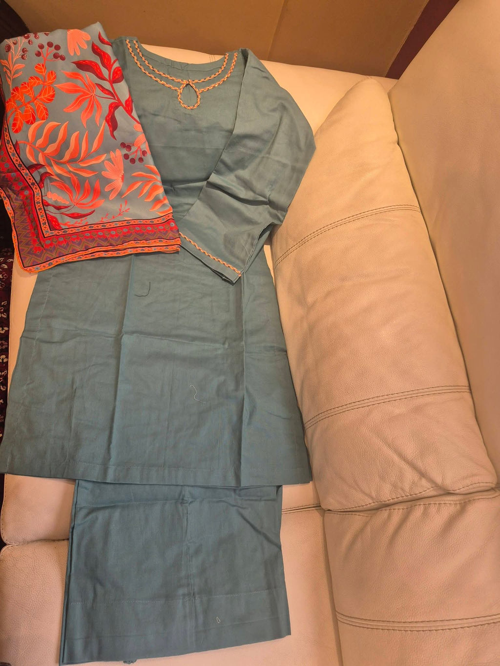 Powder Blue Minimalist Kurta Set with Coral Floral Printed Dupatta
