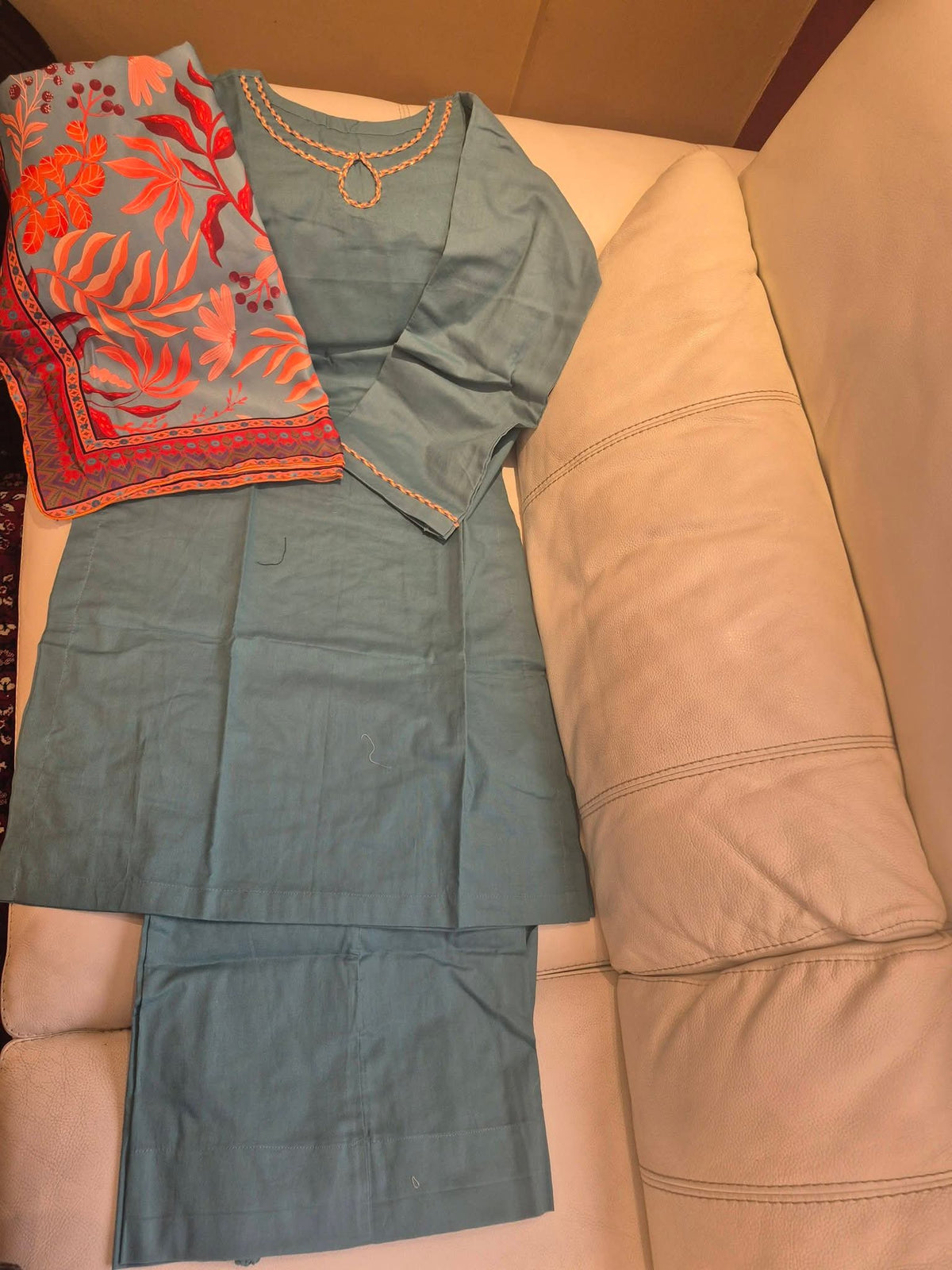 Powder Blue Minimalist Kurta Set with Coral Floral Printed Dupatta