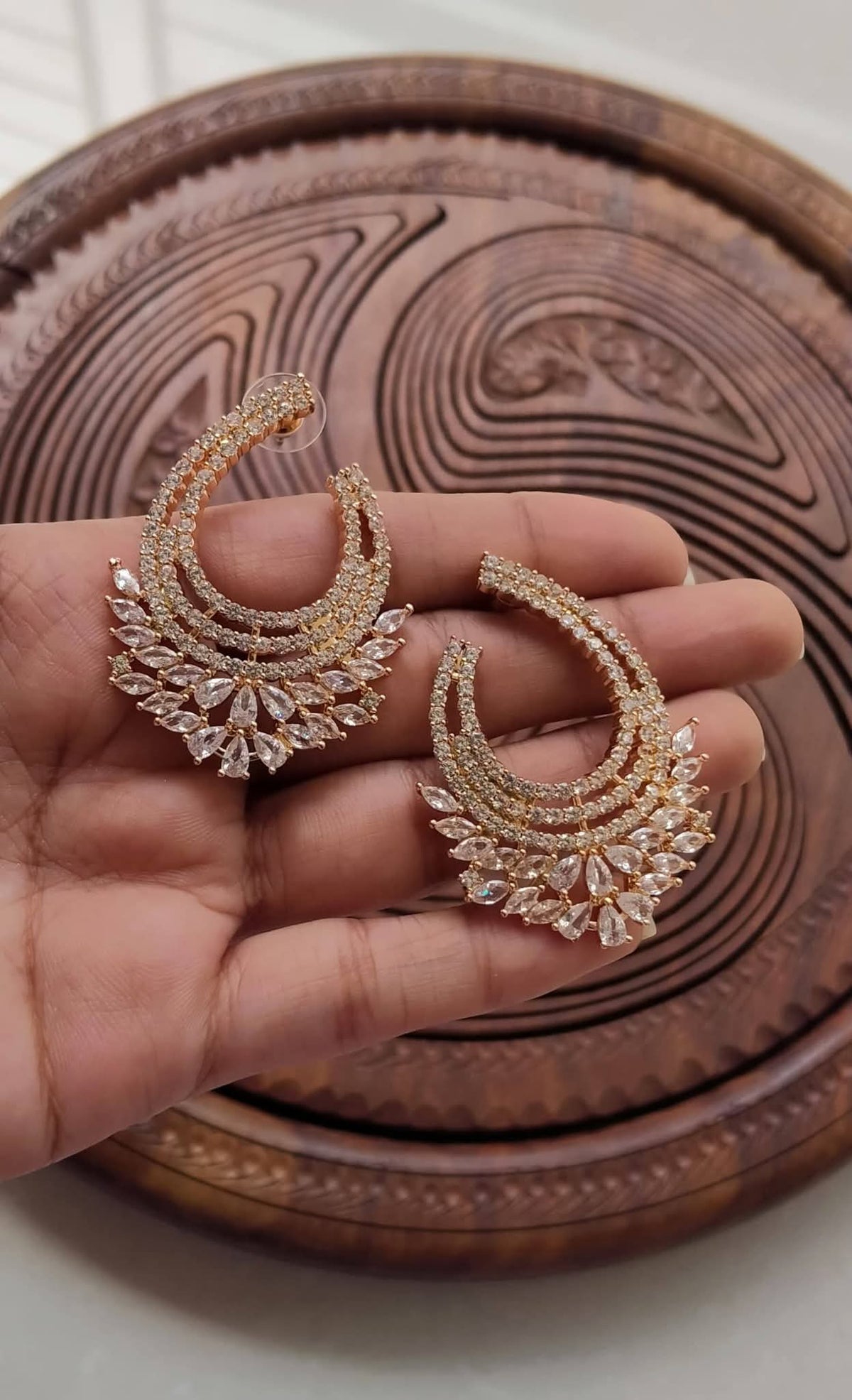 Cubic Zirconia Curved Statement Chandbali Earrings