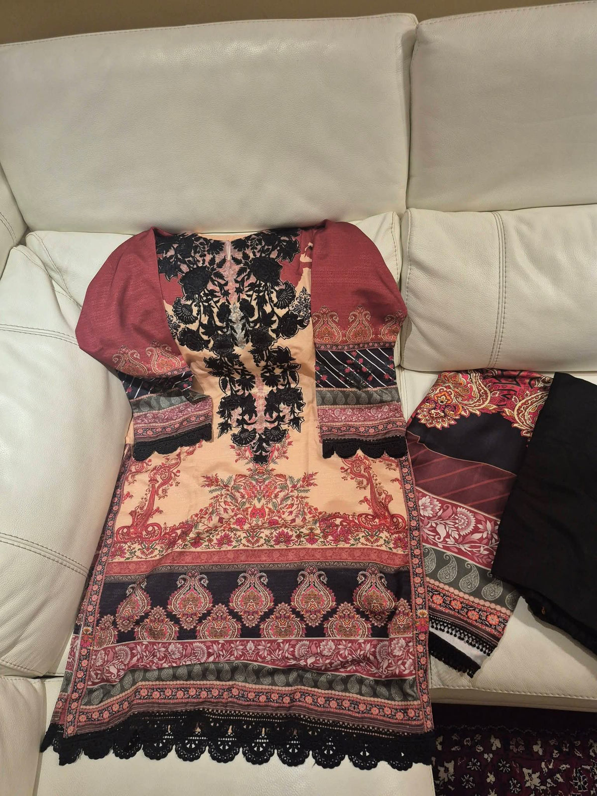Beige & Rust Digital Printed Suit with Black Neckline Embroidery