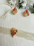 Pearl Strand Choker Set with Multi-Color Meenakari Peacock Centerpiece and Matching Stud Earrings