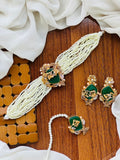 Emerald Green & Gold Carved Stone Pearl Choker Set with Matching Earrings and Maangtikka