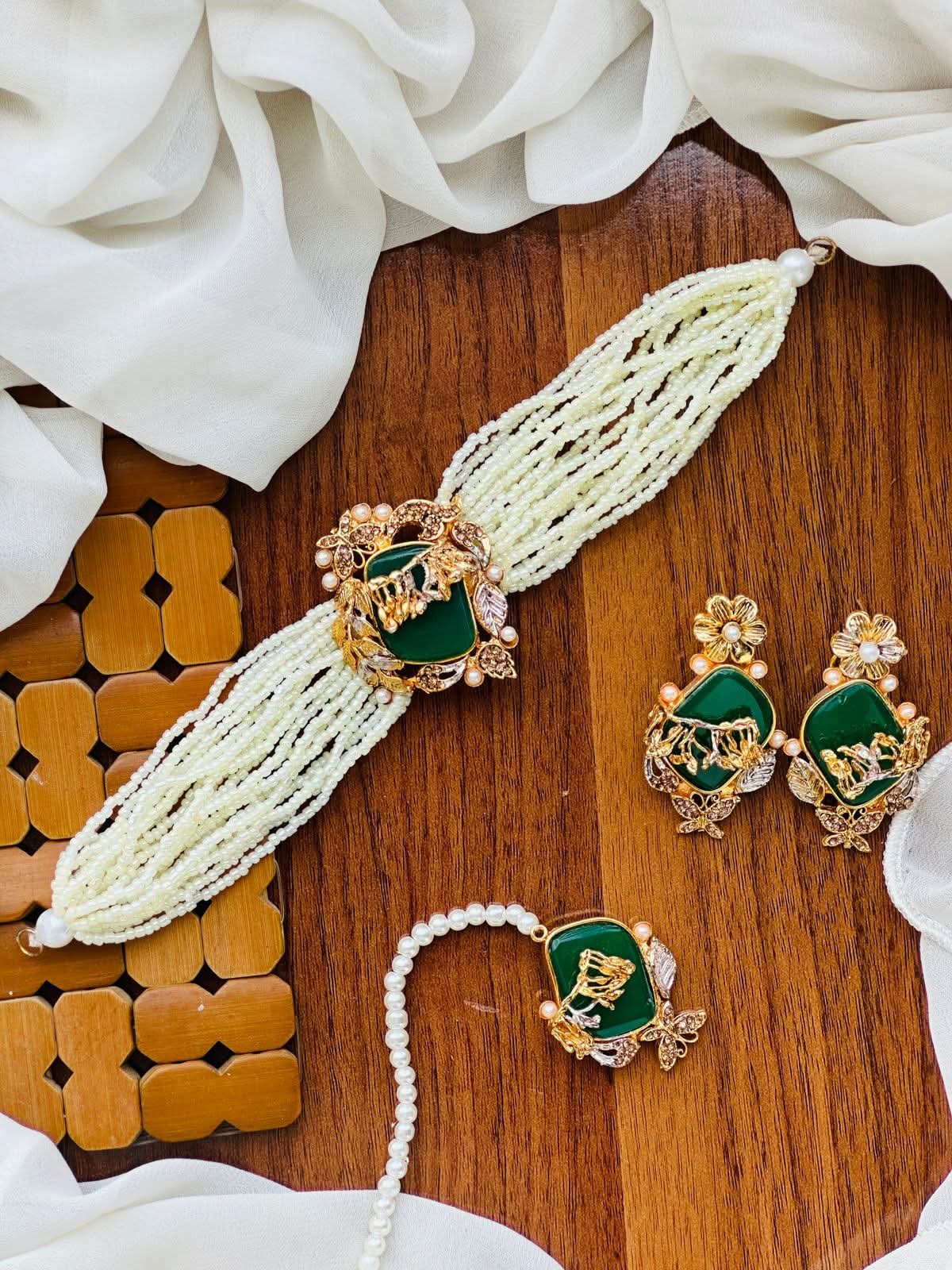 Emerald Green & Gold Carved Stone Pearl Choker Set with Matching Earrings and Maangtikka