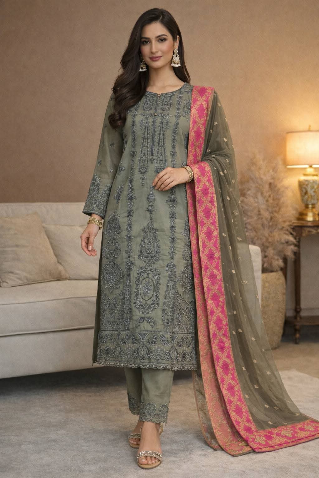 Olive Green Embroidered Suit with Contrast Pink Border Dupatta