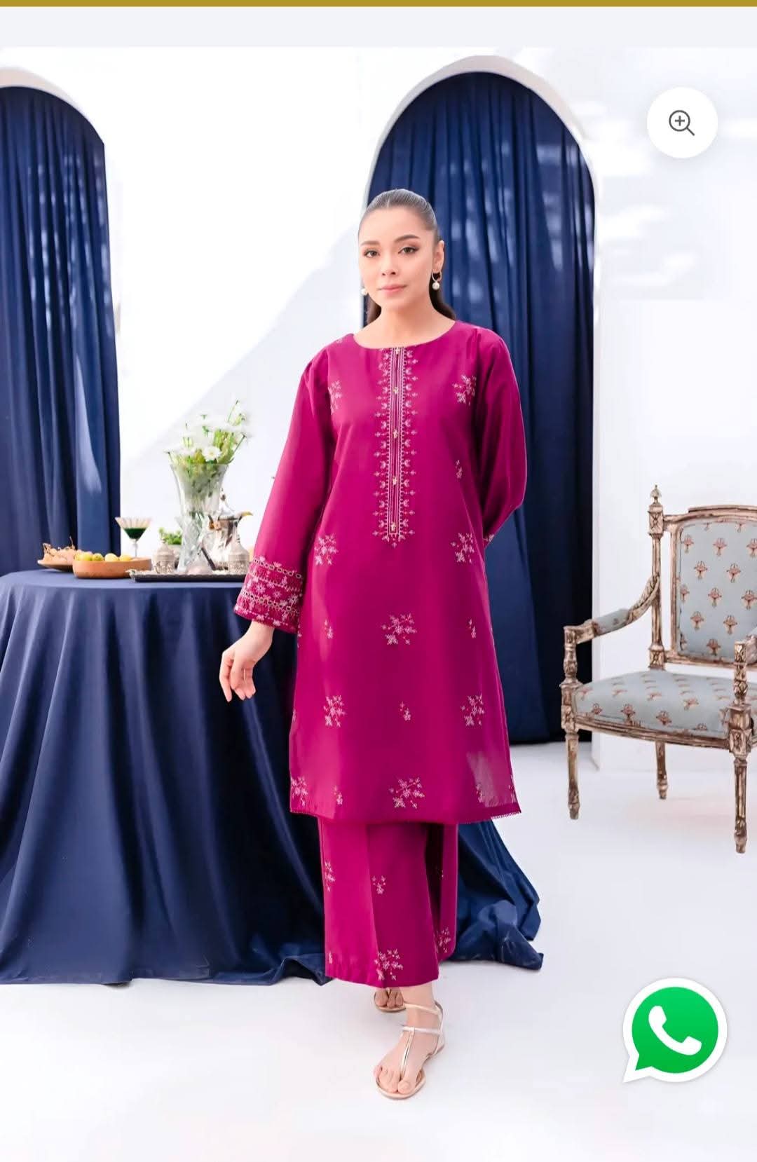 Magenta Pink Embroidered Straight Suit Set