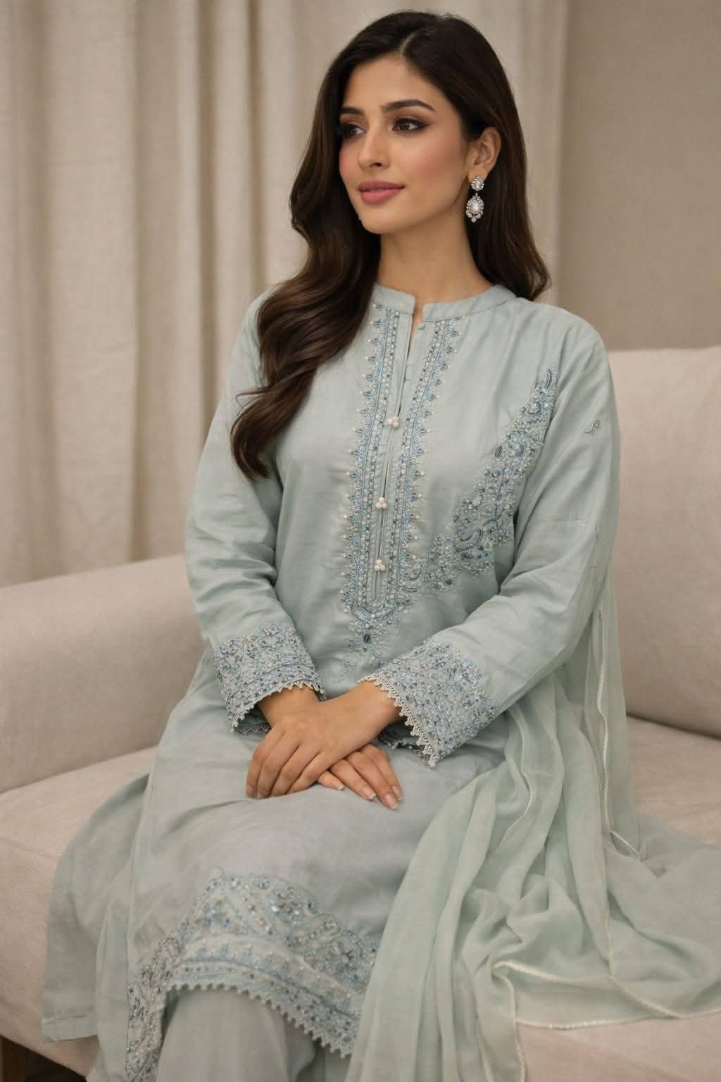Mint Green Pastel Embroidered Suit with Pearl Accents