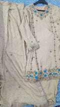 Beige & Turquoise Floral Embroidered Salwar Kameez