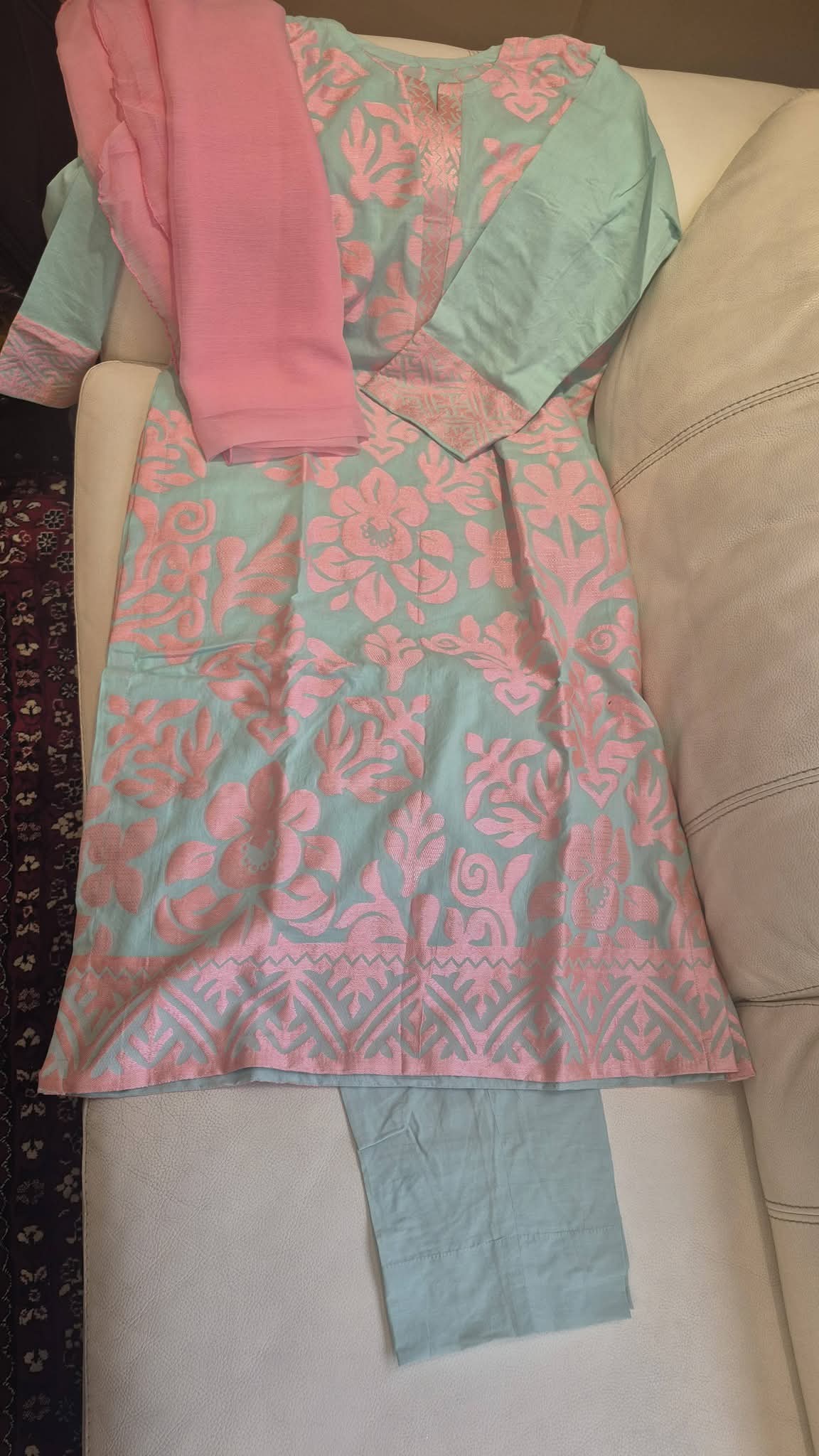 Mint Green & Soft Pink Floral Embroidered 3-Piece Lawn Suit