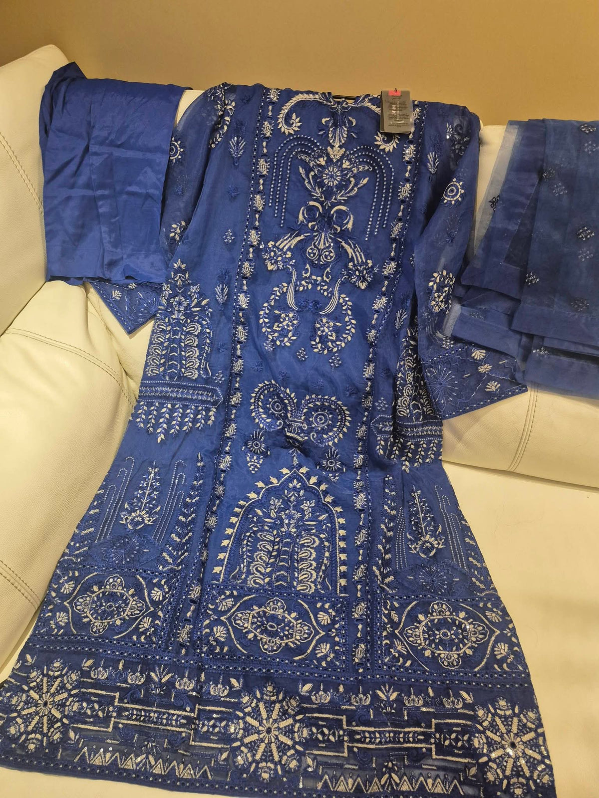 Royal Blue Motif Print & Embroidered 3-Piece Suit