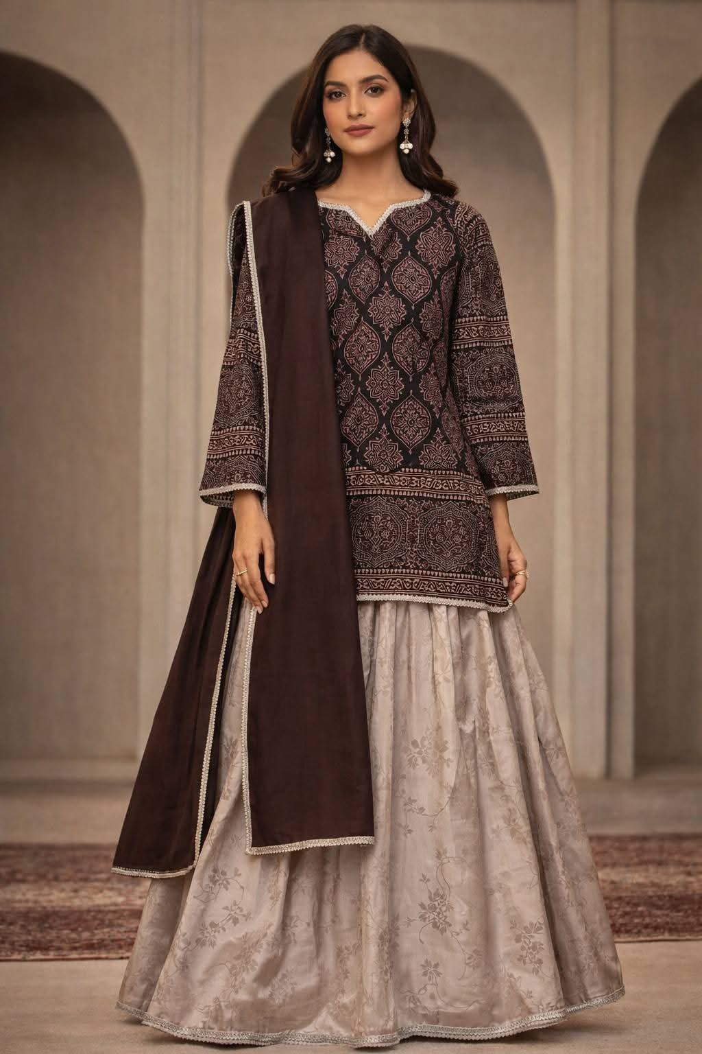 Ethnic Chocolate Brown Printed Kurti with Beige Printed Lehenga & Dupatta Set