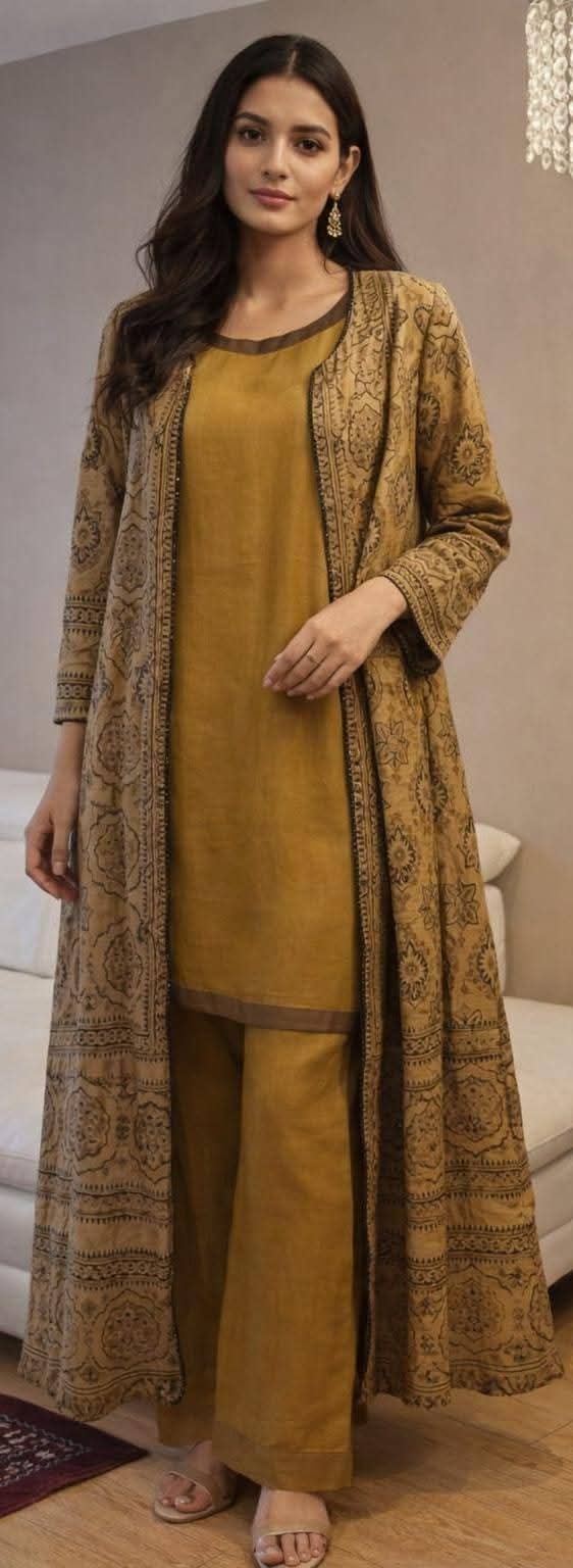 Mustard Gold 3-Piece Co-ord Set with Printed Floor-Length Jacket