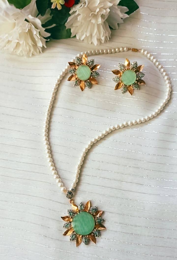 Floral-Pendant Pearl Strand Necklace Set with Matching Stud Earrings