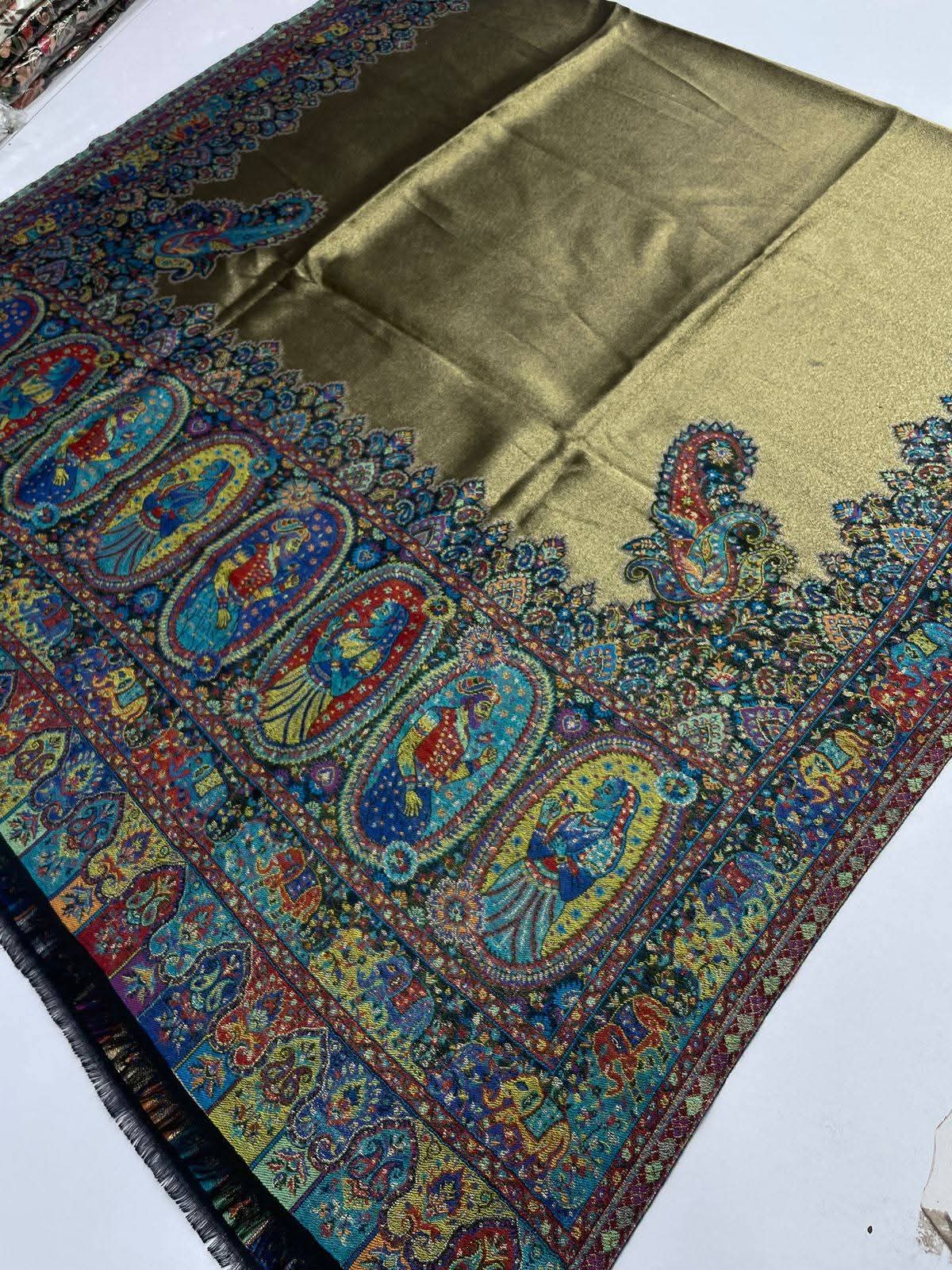 Antique Gold & Blue Kashmiri Style Printed Silk Stole / Shawl