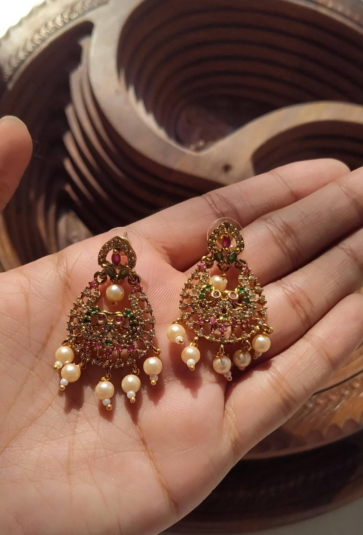 Antique Gold Kundan & Ruby Floral Jhumka Style Drop Earrings