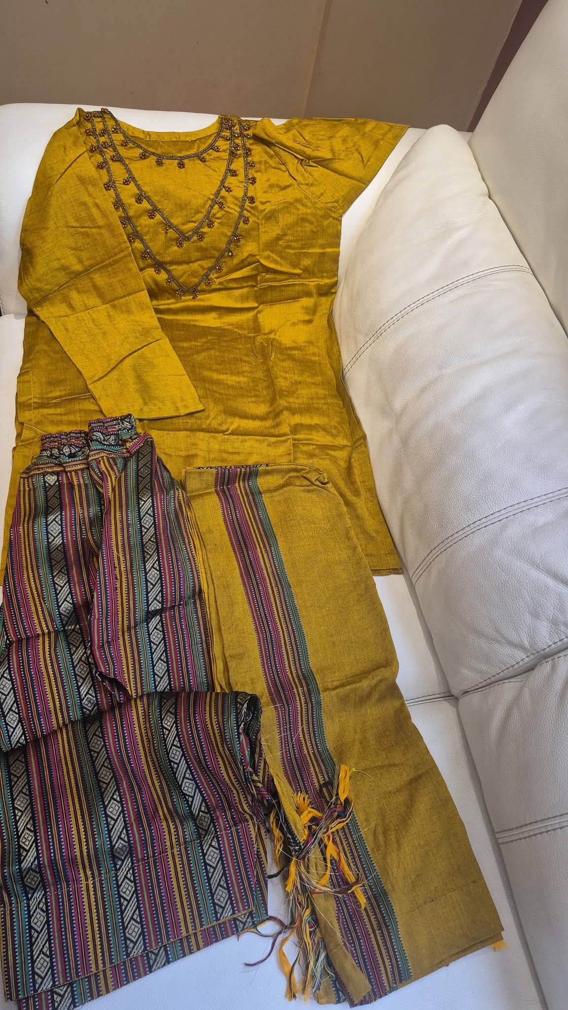 Mustard Yellow Embroidered Tunic with Multi-Color Striped Dhoti Pants