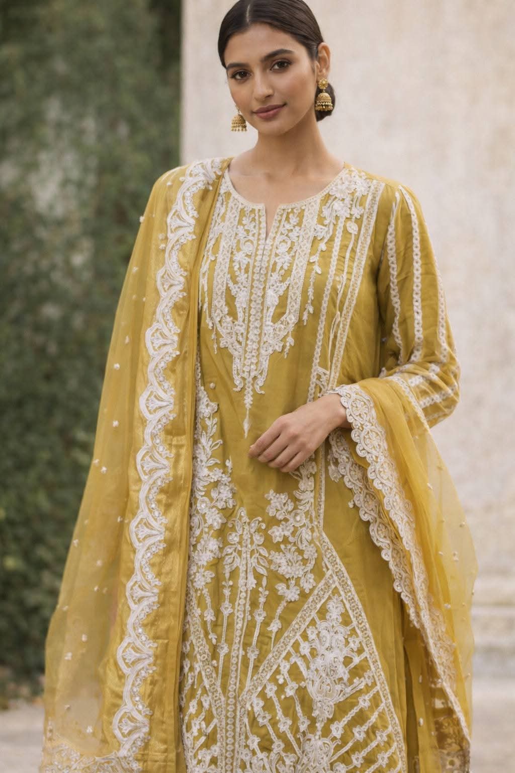 Mustard Yellow Schiffli Chikankari 3-Piece Suit