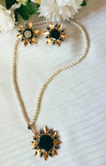 Floral-Pendant Pearl Strand Necklace Set with Matching Stud Earrings