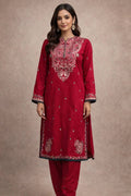 Deep Crimson Red Kurti Set with Traditional Paisley Neckline