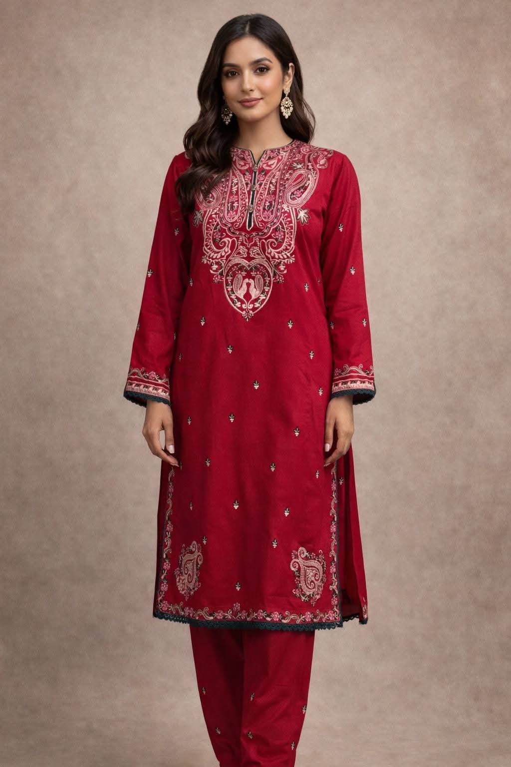 Deep Crimson Red Kurti Set with Traditional Paisley Neckline