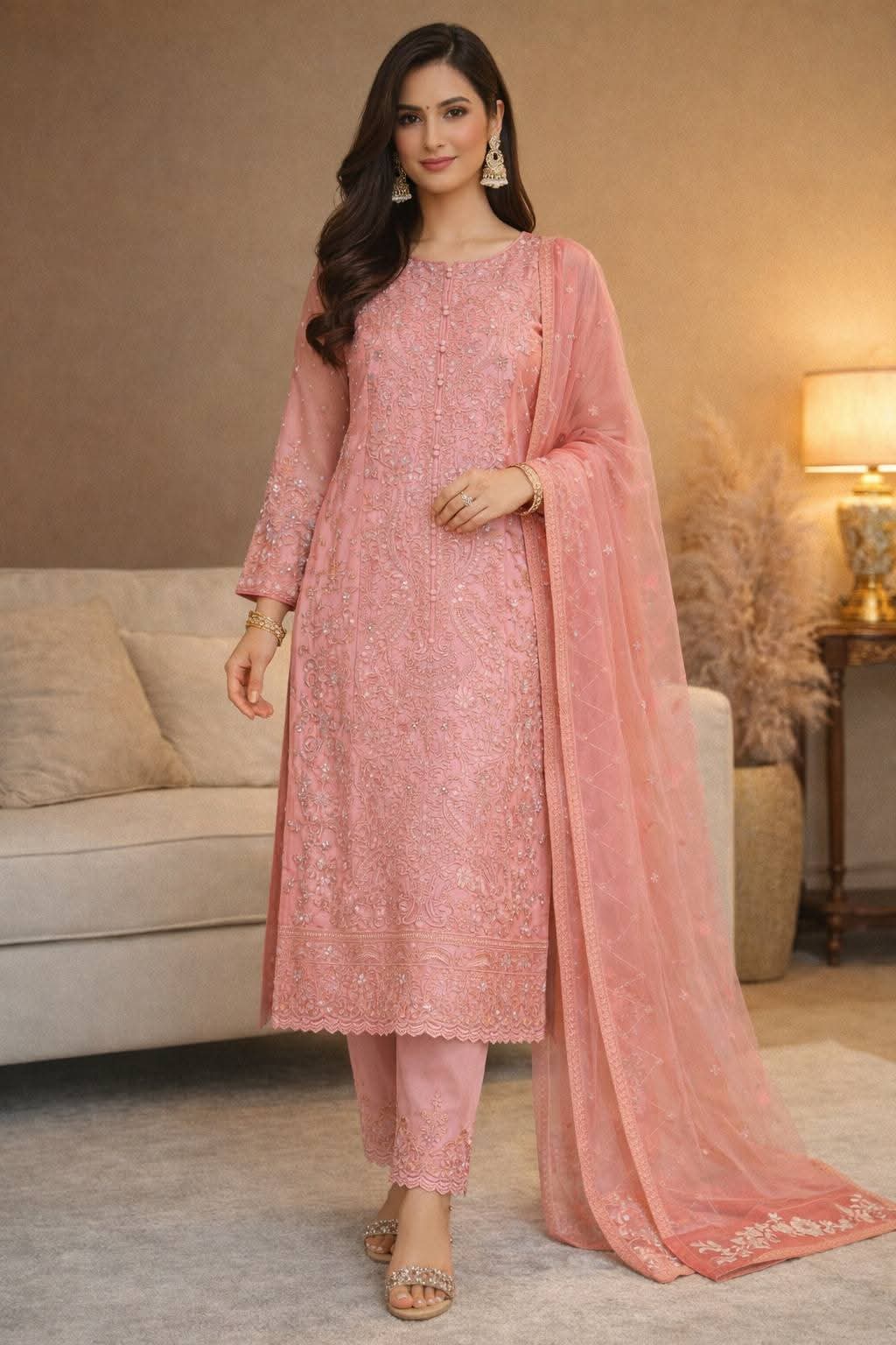 Soft Pink Threadwork Chikankari 3-Piece Suit