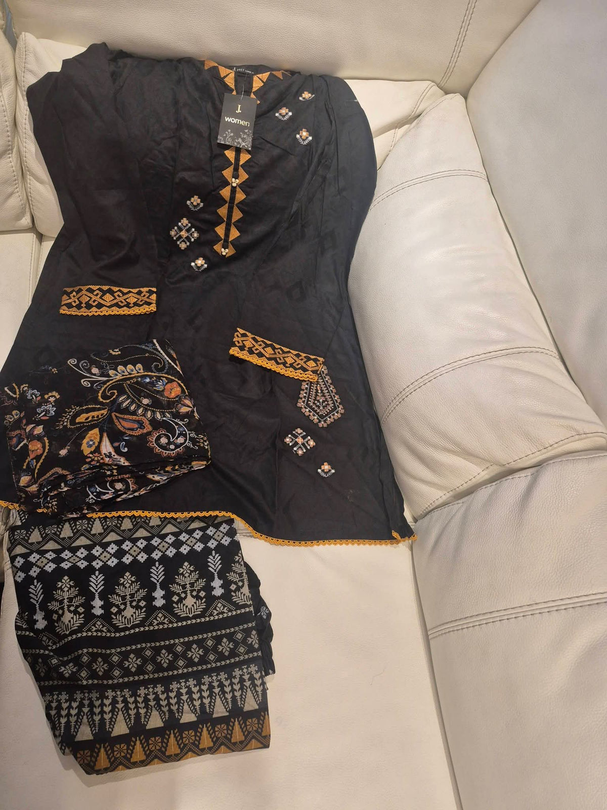 Black & Mustard Gold Embroidered 3-Piece Lawn/Cotton Suit