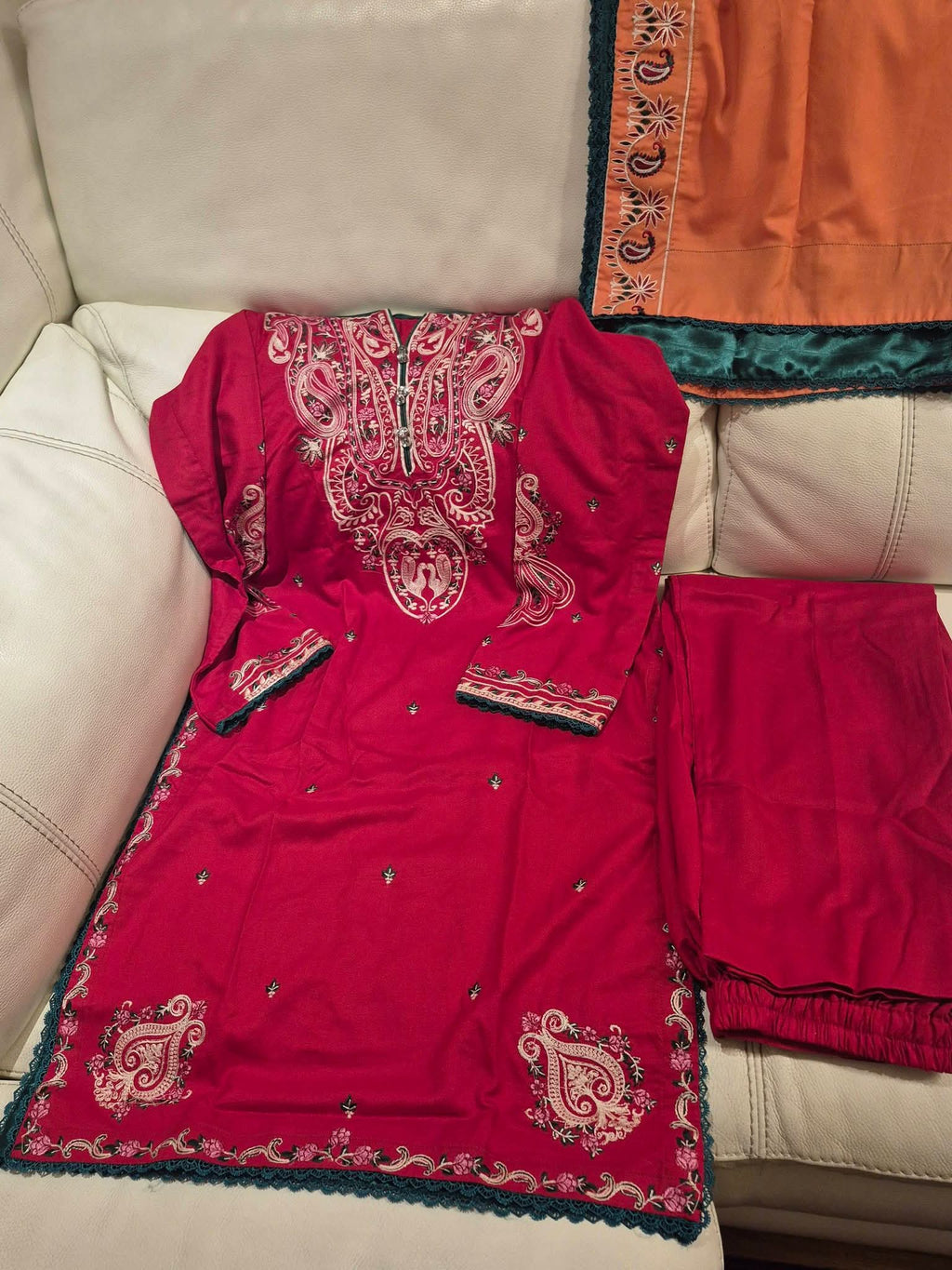 Deep Crimson Red Kurti Set with Traditional Paisley Neckline