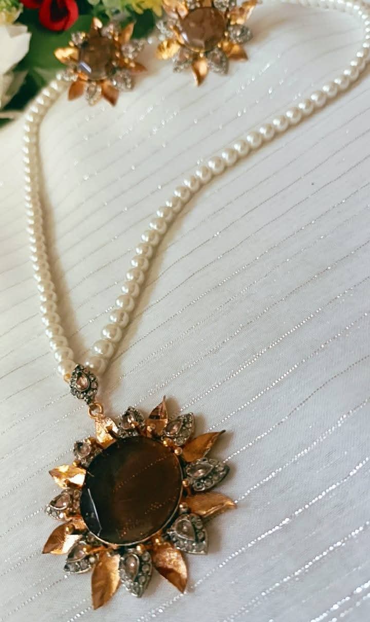 Floral-Pendant Pearl Strand Necklace Set with Matching Stud Earrings